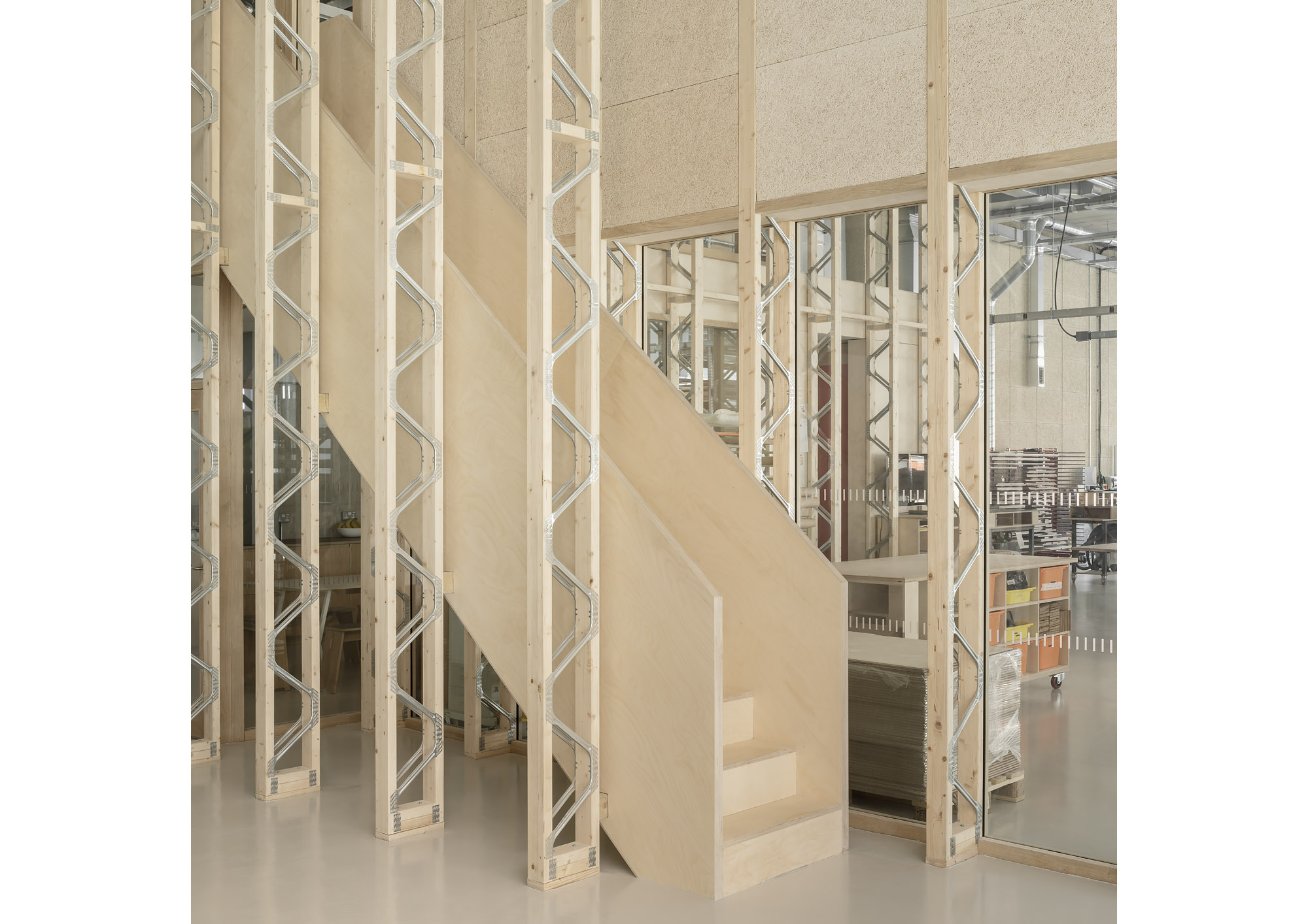 Erbar Mattes Architects Here East Stratford Hackney Plykea workshop showroom office refurbishment retrofit interior fit out timber studwork open web joists wood wool boards Ståle Eriksen